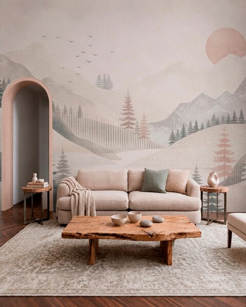 Tapet Peisaj montan minimalist cu pini, Fototapet Natură, w05626 : Uwalls.ro