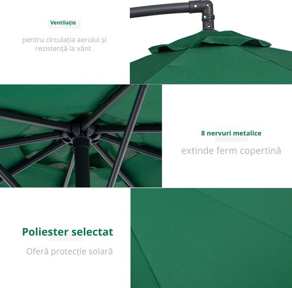 Outsunny Umbrelă Laterală din Metal, Verde, 3m, Protecție UV, Ideală pentru Grădină și Terasă | Aosom Romania