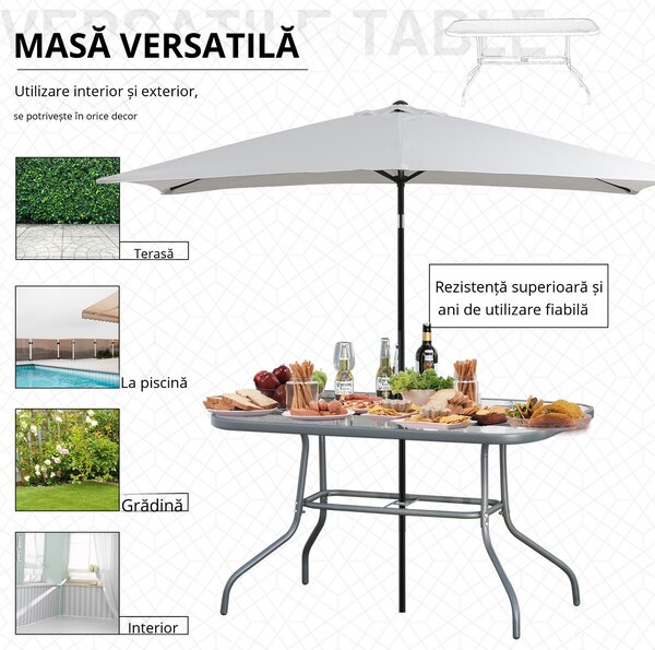 Outsunny Masă de Exterior din Metal și Sticlă Temperată cu Orificiu pentru Umbrelă, Ideală pentru Terasă/Grădină/Verandă, 140x80x70cm | Aosom Romania