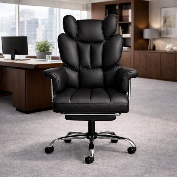 Scaun de birou de lux RELAX PRO cu suport pentru picioare - piele ecologică neagră