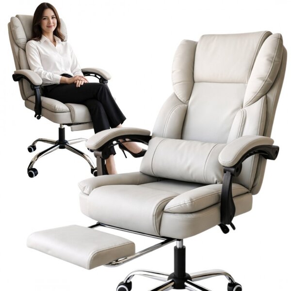 Scaun de birou ergonomic SKYLINE cu suport pentru picioare și suport lombar - piele ecologică crem