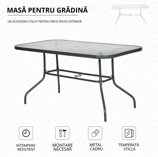 Outsunny Masă de Exterior din Metal și Sticlă Temperată cu Orificiu pentru Umbrelă, Ideală pentru Terasă/Grădină/Verandă, 140x80x70cm | Aosom Romania