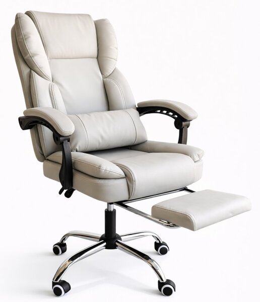 Scaun de birou ergonomic SKYLINE cu suport pentru picioare și suport lombar - piele ecologică crem