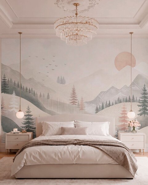Tapet Peisaj montan minimalist cu pini, Fototapet Natură, w05626 : Uwalls.ro