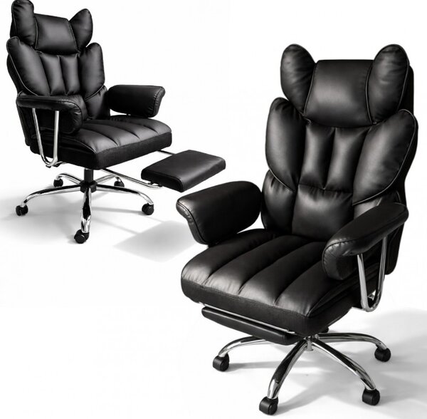 Scaun de birou de lux RELAX PRO cu suport pentru picioare - piele ecologică neagră
