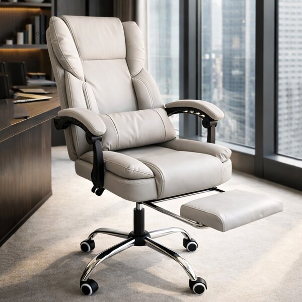 Scaun de birou ergonomic SKYLINE cu suport pentru picioare și suport lombar - piele ecologică crem