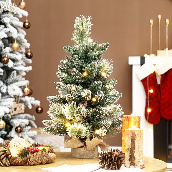 HOMCOM Pom de Crăciun Miniatural Pre-luminat 60 cm, Pom de Crăciun cu Zăpadă | Aosom Romania