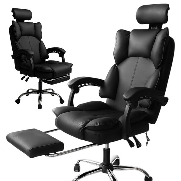 Scaun de birou ergonomic DIRECTO cu suport pentru picioare - piele ecologică neagră
