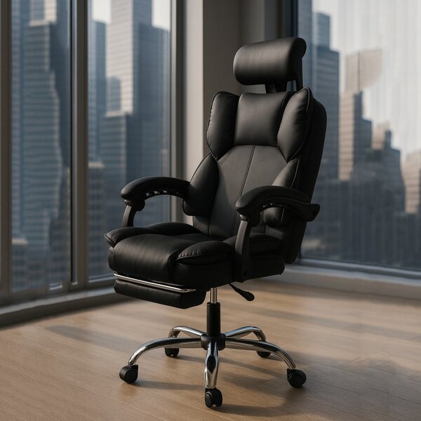 Scaun de birou ergonomic DIRECTO cu suport pentru picioare - piele ecologică neagră