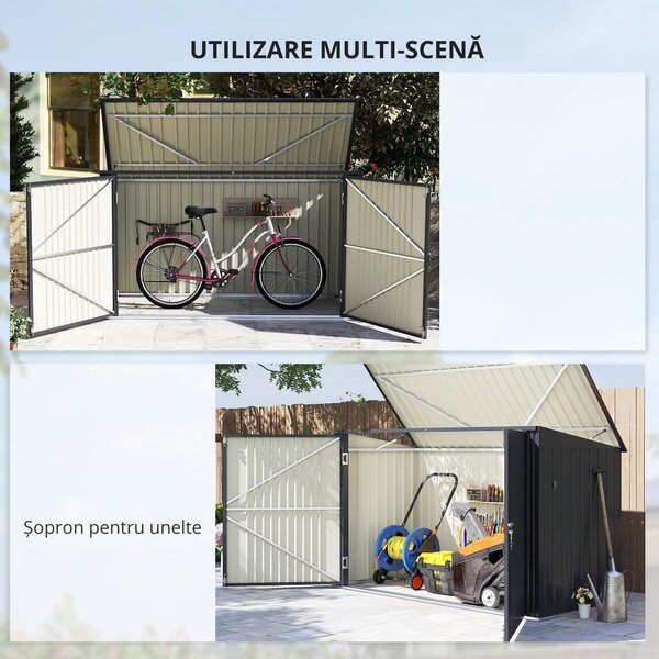 Outsunny Cutie Depozitare Pubele pentru 3 Recipiente de 240L cu 2 Uși și Încuietori, 233x105x118,5/133 cm, Gri | Aosom Romania