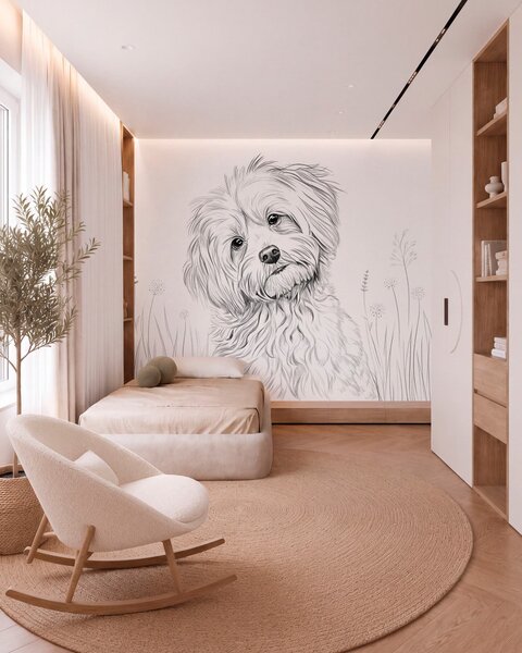 Tapet Un desen drăguț cu un câine în iarbă, Imagini de fundal unice, w05656 : Uwalls.ro