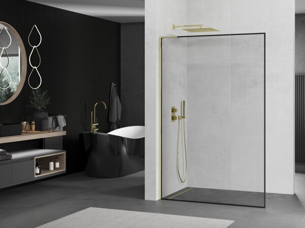 Mexen Kioto L, paravan de dus walk-in 70 x 200 cm, 8 mm sticla transparenta model negru, profil auriu lucios, 800-070-103-50-70