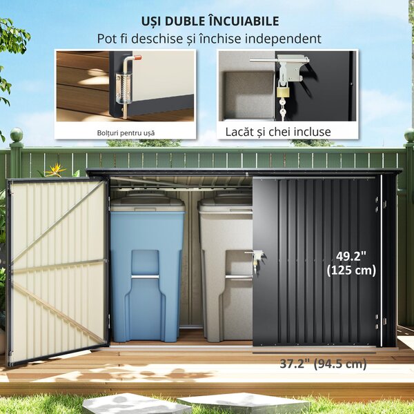 Outsunny Cutie Depozitare Pubele pentru 3 Recipiente de 240L cu 2 Uși și Încuietori, 233x105x118,5/133 cm, Gri | Aosom Romania