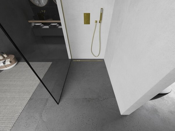 Mexen Kioto L, paravan de dus walk-in 70 x 200 cm, 8 mm sticla transparenta model negru, profil auriu lucios, 800-070-103-50-70