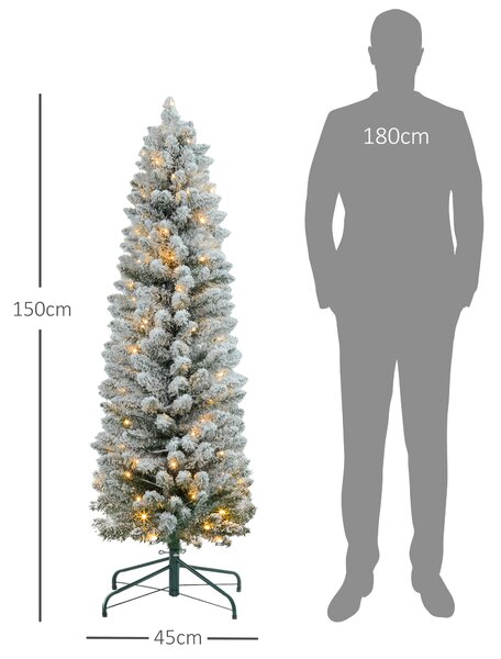 HOMCOM Brad de Crăciun Înzăpezit cu 263 de Crengi și Lumini LED Albe, Brad Artificial din Plastic, Ø45x150 cm, Verde | Aosom Romania