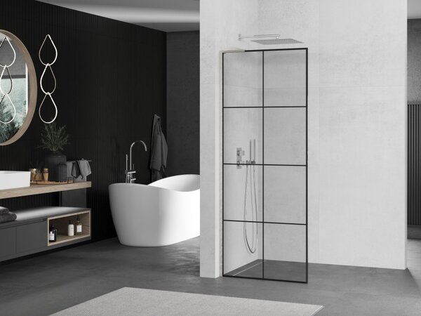 Mexen Kioto L, paravan de duș walk-in 80 x 200 cm, sticlă transparentă de 8 mm model negru, profil din oțel periat, 800-080-103-97-77