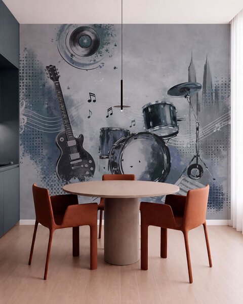 Tapet Chitară și baterie cu note muzicale, Imagini de fundal unice, w05546 : Uwalls.ro
