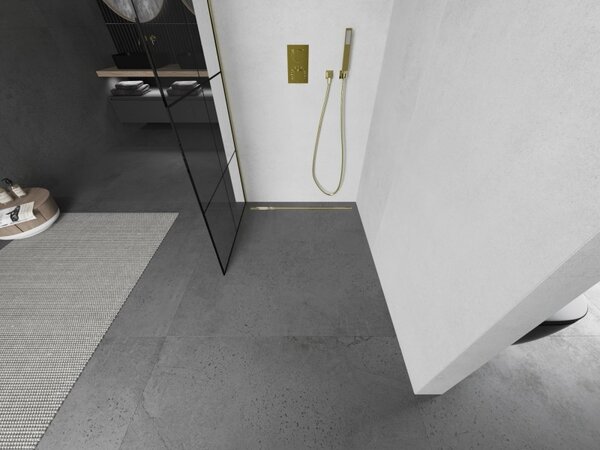 Mexen Kioto L, paravan de dus walk-in 80 x 200 cm, 8 mm sticla transparenta model negru, profil auriu lucios, 800-080-103-50-77