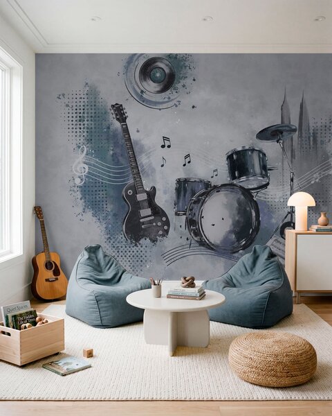 Tapet Chitară și baterie cu note muzicale, Imagini de fundal unice, w05546 : Uwalls.ro