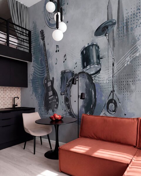 Tapet Chitară și baterie cu note muzicale, Imagini de fundal unice, w05546 : Uwalls.ro