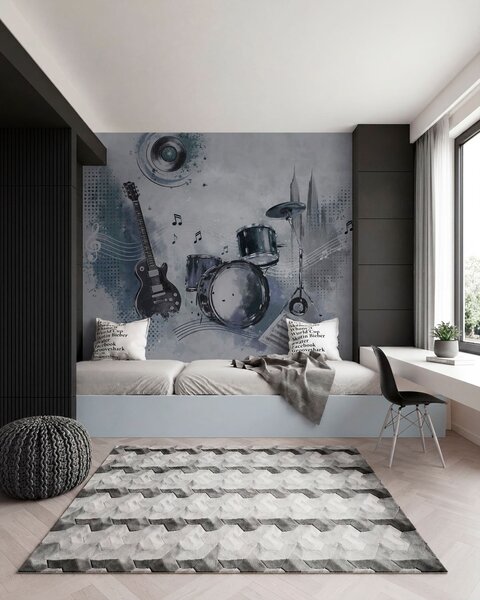 Tapet Chitară și baterie cu note muzicale, Imagini de fundal unice, w05546 : Uwalls.ro