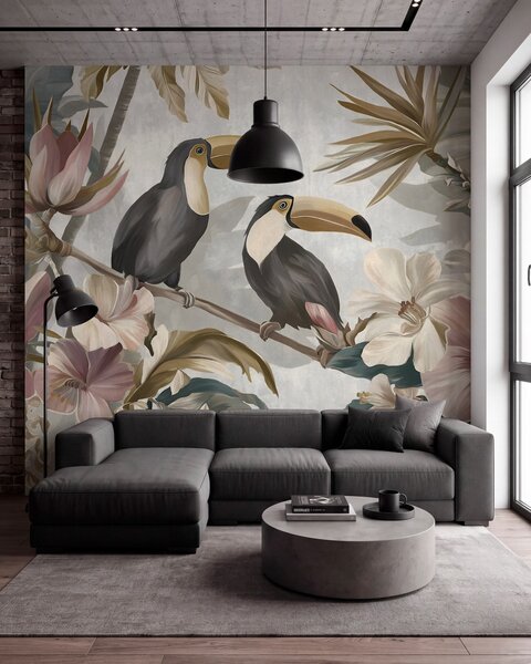 Tapet o pereche de tucani în mijlocul florilor și frunzelor tropicale, Fototapet Natură, w05657 : Uwalls.ro