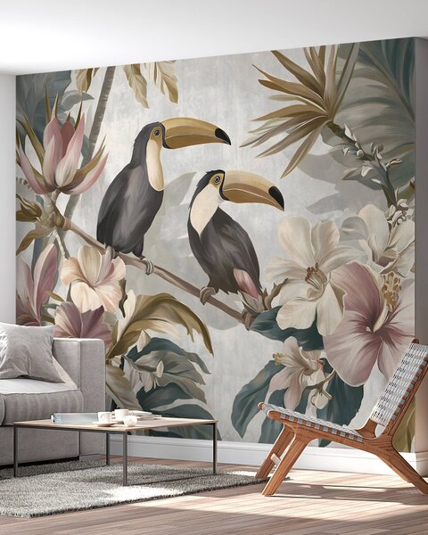 Tapet o pereche de tucani în mijlocul florilor și frunzelor tropicale, Fototapet Natură, w05657 : Uwalls.ro