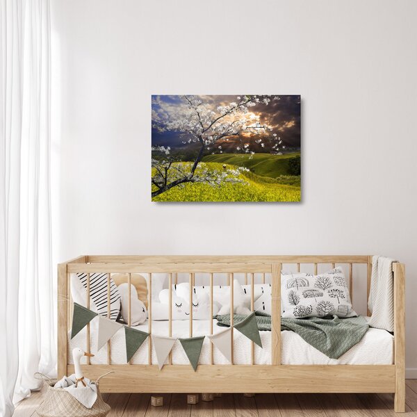 Tablou pe sticlă - Peisaj cu pomul înflorit (70x50 cm)