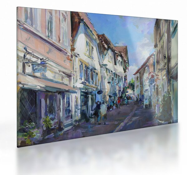 Tablou pe sticlă - Strada orașului vechi, pictură acrilică (70x50 cm)