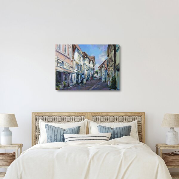 Tablou pe sticlă - Strada orașului vechi, pictură acrilică (70x50 cm)