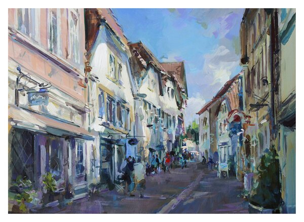 Tablou pe sticlă - Strada orașului vechi, pictură acrilică (70x50 cm)