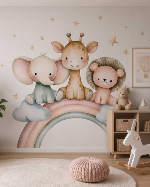 Tapet un curcubeu cu animale printre stele, în stil acuarelă, Imagini de fundal unice, w05752 : Uwalls.ro