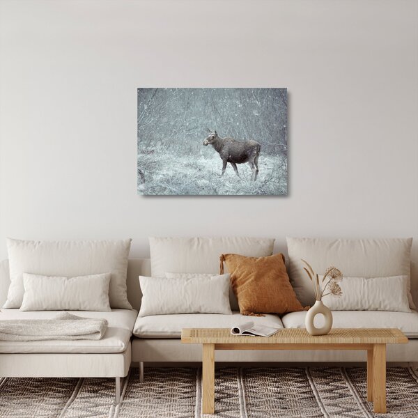 Tablou pe sticlă - Elan într-o pădure înzăpezită (70x50 cm)