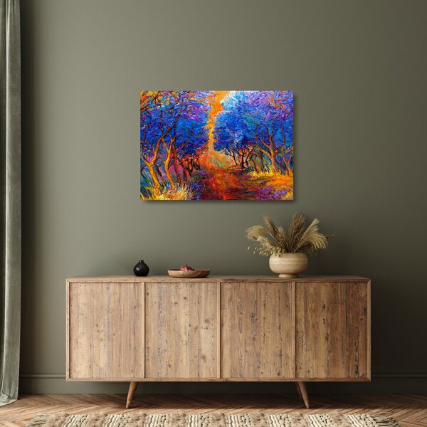 Tablou pe sticlă - Coroane de copac de toamnă, impresionism modern (70x50 cm)
