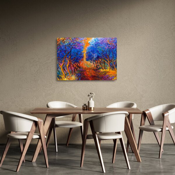 Tablou pe sticlă - Coroane de copac de toamnă, impresionism modern (70x50 cm)