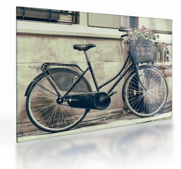 Tablou pe sticlă - Bicicleta de epocă cu flori (70x50 cm)