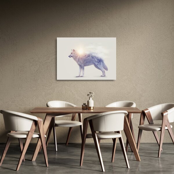 Tablou pe sticlă - Lupul arctic oglindit în peisaj sălbatic (70x50 cm)