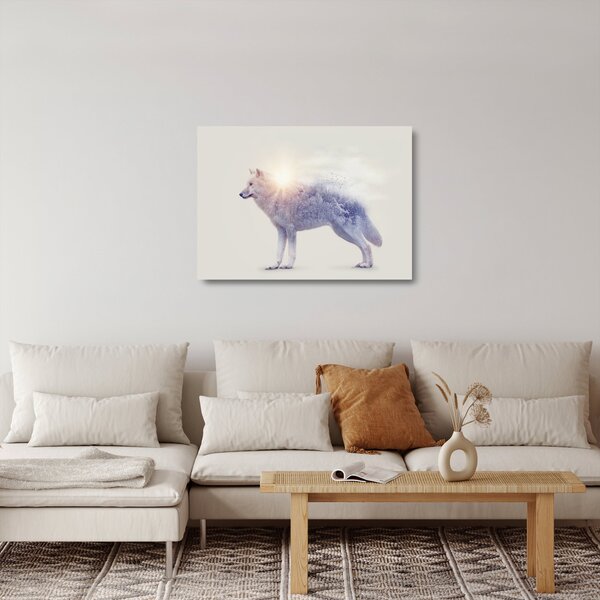 Tablou pe sticlă - Lupul arctic oglindit în peisaj sălbatic (70x50 cm)