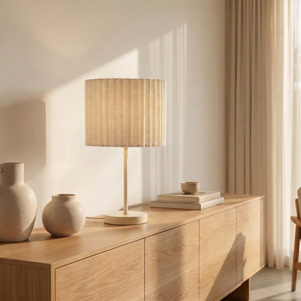 Lindby Lampa de masă Libbie, înălțime 45 cm, pânză, crem, soclu E27, Bej, Camera de zi / sufragerie, Țesătură / Textil