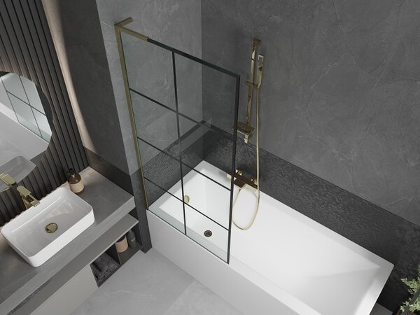 Mexen Next L, paravan de baie cu 1 aripă 80 x 150 cm, model sticlă transparentă-negru de 6 mm, profil auriu strălucitor, 895-080-000-03-77-50