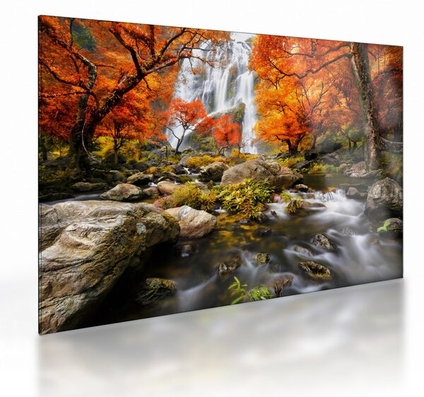 Tablou pe sticlă - Cascade în pădurea portocalie (70x50 cm)
