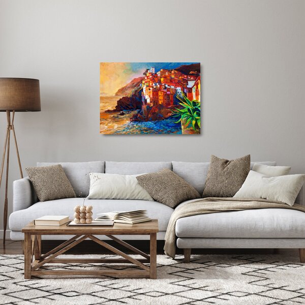 Tablou pe sticlă - Satul de coastă Cinque Terre, Riviera italiană, impresionismul modern (70x50 cm)