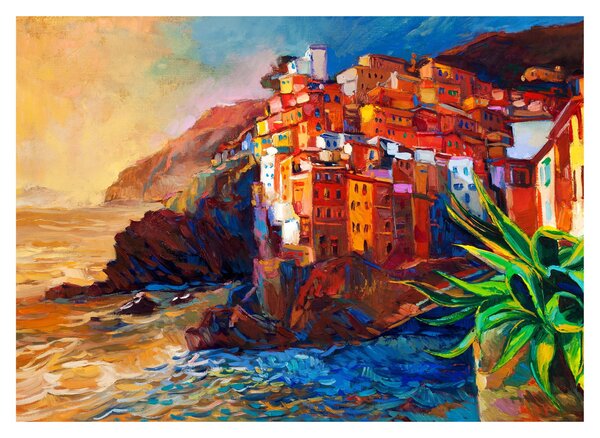 Tablou pe sticlă - Satul de coastă Cinque Terre, Riviera italiană, impresionismul modern (70x50 cm)