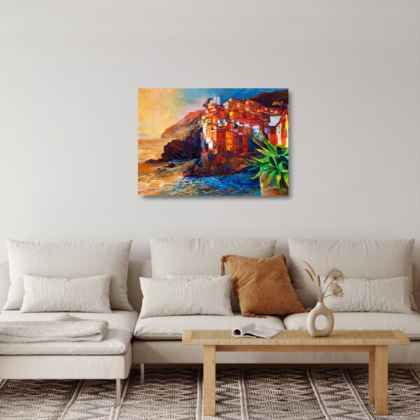 Tablou pe sticlă - Satul de coastă Cinque Terre, Riviera italiană, impresionismul modern (70x50 cm)