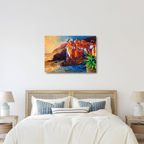 Tablou pe sticlă - Satul de coastă Cinque Terre, Riviera italiană, impresionismul modern (70x50 cm)