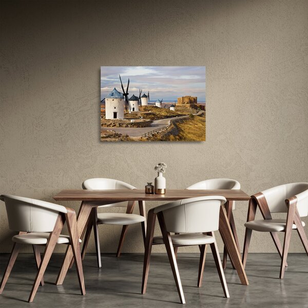 Tablou pe sticlă - Morile de vânt din Consuegra, Spania (70x50 cm)