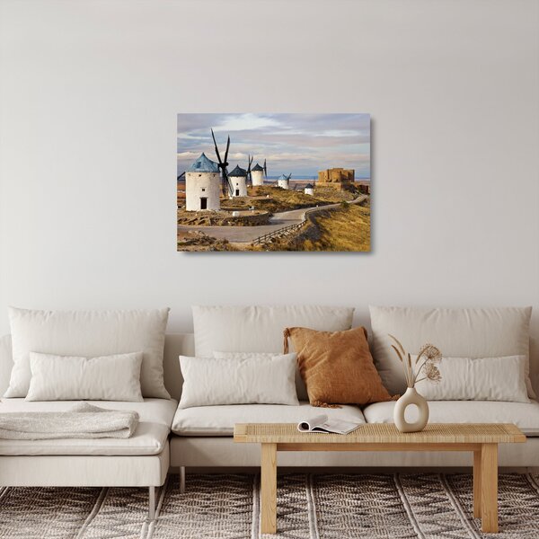 Tablou pe sticlă - Morile de vânt din Consuegra, Spania (70x50 cm)