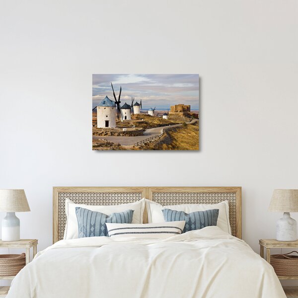 Tablou pe sticlă - Morile de vânt din Consuegra, Spania (70x50 cm)