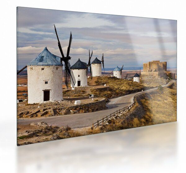 Tablou pe sticlă - Morile de vânt din Consuegra, Spania (70x50 cm)