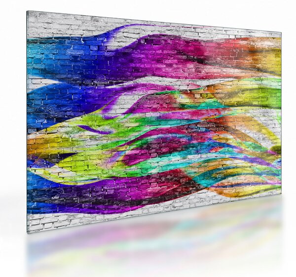 Tablou pe sticlă - Zid de cărămidă cu flăcări colorate (70x50 cm)